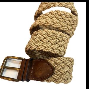 Nautica Vtg Beige Canvas Braided Belt Brown leather Ends Sz 38 Silver Buckle Men
